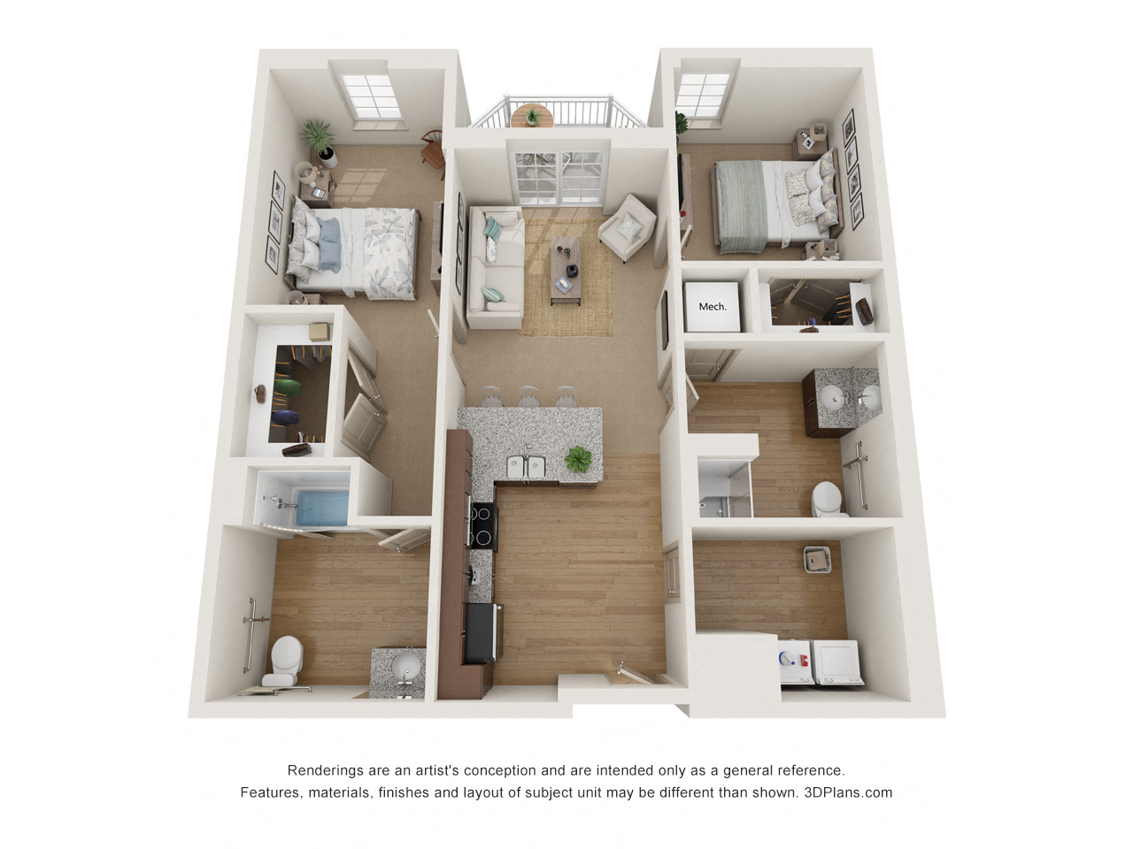Floor plan for 2 beds, 2 baths, 1059 sqft